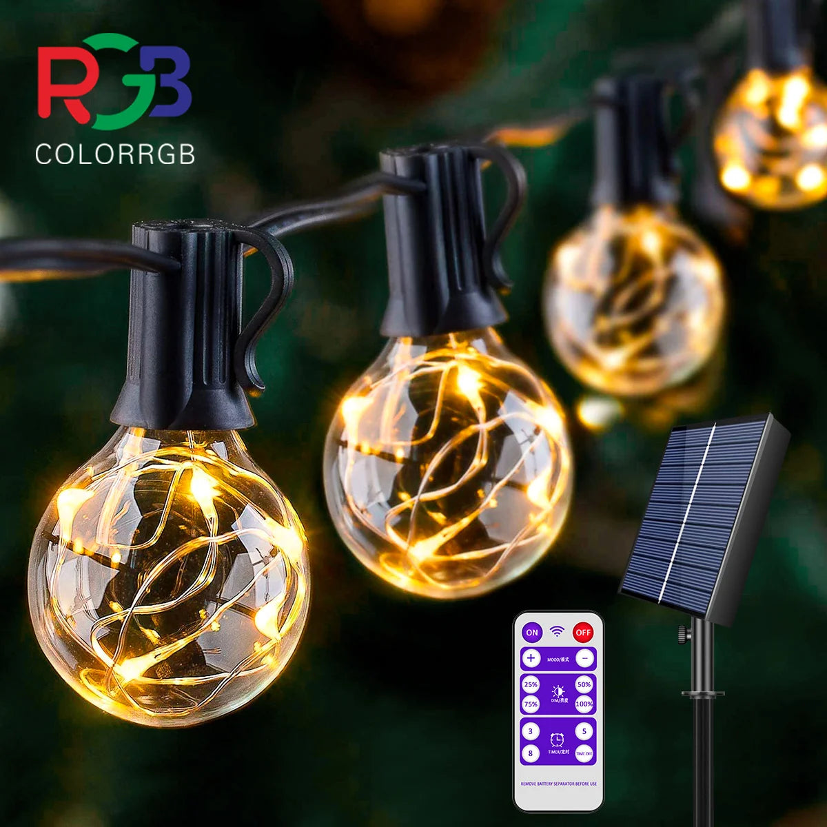 AIOPP Outdoor-Indoor Dimmable Solar-Powered Eight Light Modes Warm White Multicolor Built-In 4  LED Weatherproof Waterproof Shatterproof  Hanging Round Ball Globe Light Ropes-String Patio Lights/ Colors-Black/Yellow/White/Multicolor