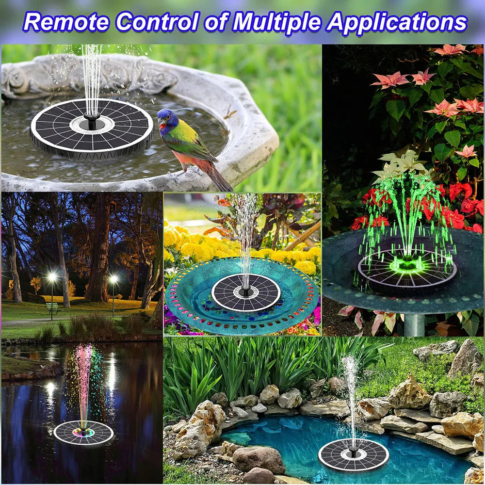 NULL Outdoor Garden Remote Control Solar-Powered Six Nozzles Black Round Plastic Body Geometric RGB Multicolor Lights Ponds-Water Fountains PUMPS