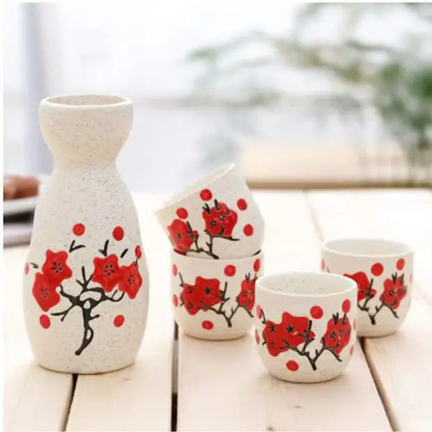 5pcs/set Ceramic Sake Pot Cups Set Flagon Liquor Cup Spirits Cups Set Japanese Bar Wine Set Flower Text Pattern Creative Gifts