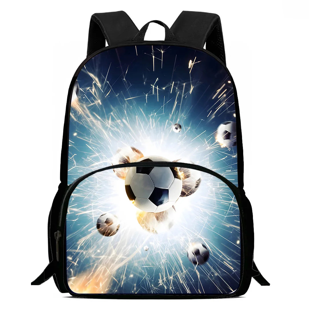 MINISO Kids 3 PCS Large Waterproof Nylon Fabric Zippers Exterior Pockets Printed-Burning Flames Soccer Ball Design Curved Back Shoulder Straps-Handle Sports IPAD Compartment School Backpacks/Color-Black/White/Blue/Multicolor