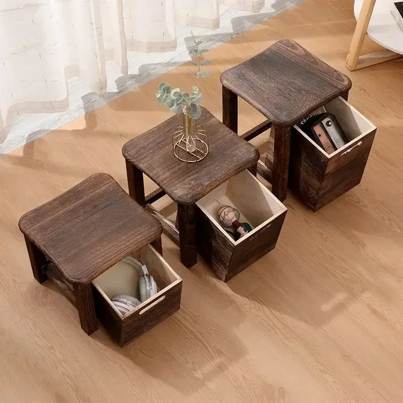 No-EN-Name-Null Modern Beige-Brown Solid Wood Square Shaped Smooth Hard Flat Top Rounded Corners One-Drawer Storage Chest Stools