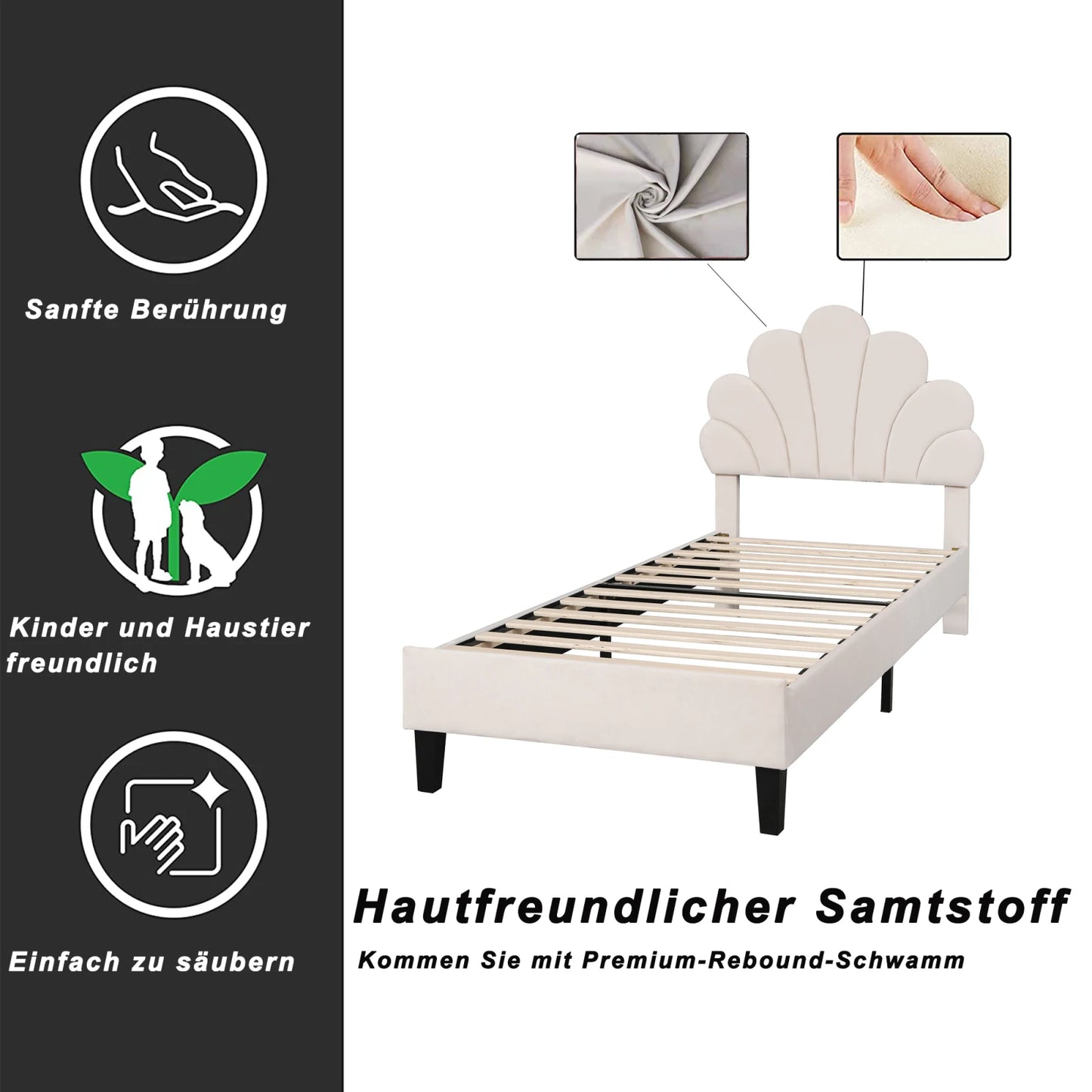 No-EN-Name-Null  Modern Upholstery Padded Flower Shaped Soft Velvet Headboard Platform Bed FRAMES / WITHOUT MATTRESS-DRAWER/ Headboard-Slats/Dimensions: 206cm L x 100cm W x 110.5cm H /Colors-Beige/Burgundy/Pink/ Load Capacity: 440.925 LBS