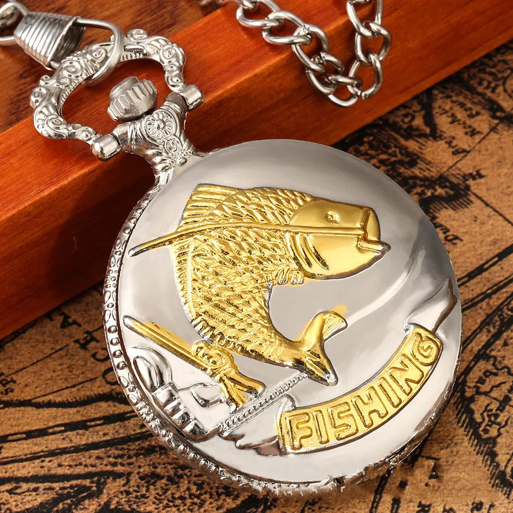 No-EN-Name-Null Adults Antique Quartz Analog-Digital Display Silver-Gold Fisherman Rod-N-Reel Catching A Gold Fish Embossed Text Fishing On Bottom Chain-Pocket Watches/Colors-Yellow/Brown/Orange/Gold/Black/White/Grey/Silver
