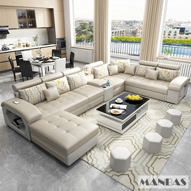 MINGDIBAO Modern U-Shape Medium Soft Firmness Fabric Sectional Sofa Sets/ Size: 240 x 400 x 80cm/ USB Port/Storage/4 Stools/Colors-Blue/Black/Khaki/Grey
