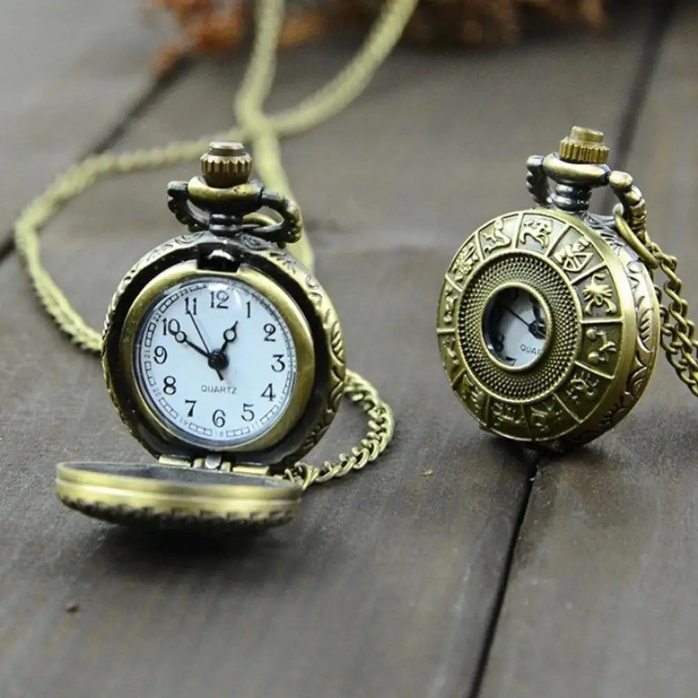 SANWOOD Adults Vintage Antique Quartz Analog Display Bronze Round Shaped Metal Case Glass Face Arabic Numeral Engraved Flowers-Eiffel Tower-Chinese Zodiac Design Pendant Chain-Pocket Watches