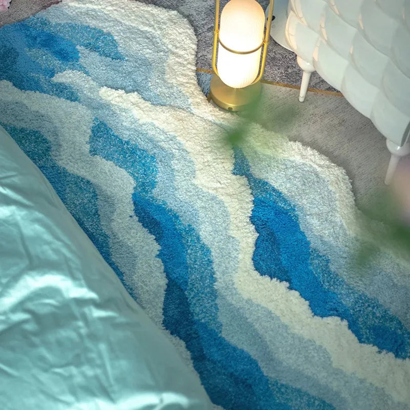 No-EN-Name-Null Indoor Modern Waterproof Washable Machine-Made Blue-White-Gray Soft Polyester Fabric Fade Resistant Coastal Aesthetic Blue Ocean Waves Anti-Slip Base Tufted Rugs/ 3 Sizes:  50x80cm / 50x120cm /70x160cm/Colors-Blue/White/Gray/Multicolor
