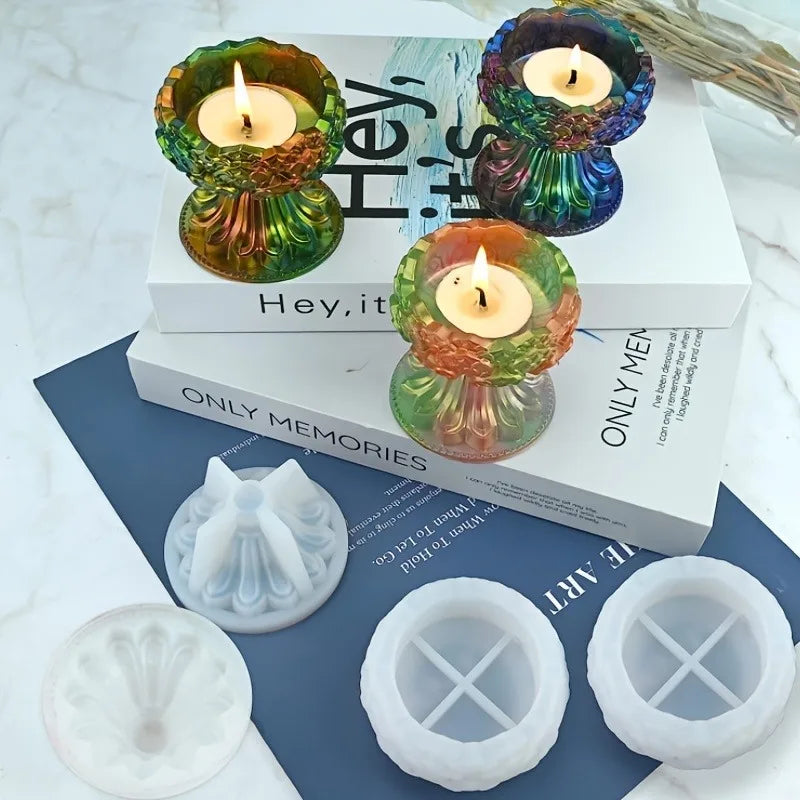 Home Decor 2 PCS DIY Small Floral Flower Design Round Shaped Tea Light Candle Holder Milky White Silicone Craft Molds Sets