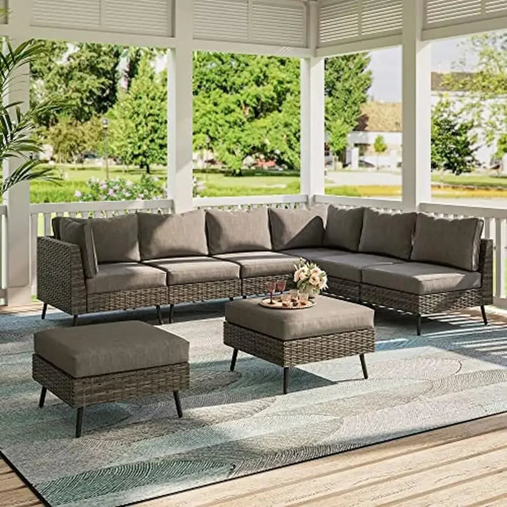 XMSJ Outdoor 8 PCS Modern Free-Standing L-Shaped Soft Comfortable Gray Synthetic Olefin Fabric Thick Sponge Cushions PE Rattan Metal Frame Sectional Sofa Furniture Sets/Table / 2 Corner Chairs/4 Armless Chairs/2 Ottoman Chairs/Weight Max : 300 LBS