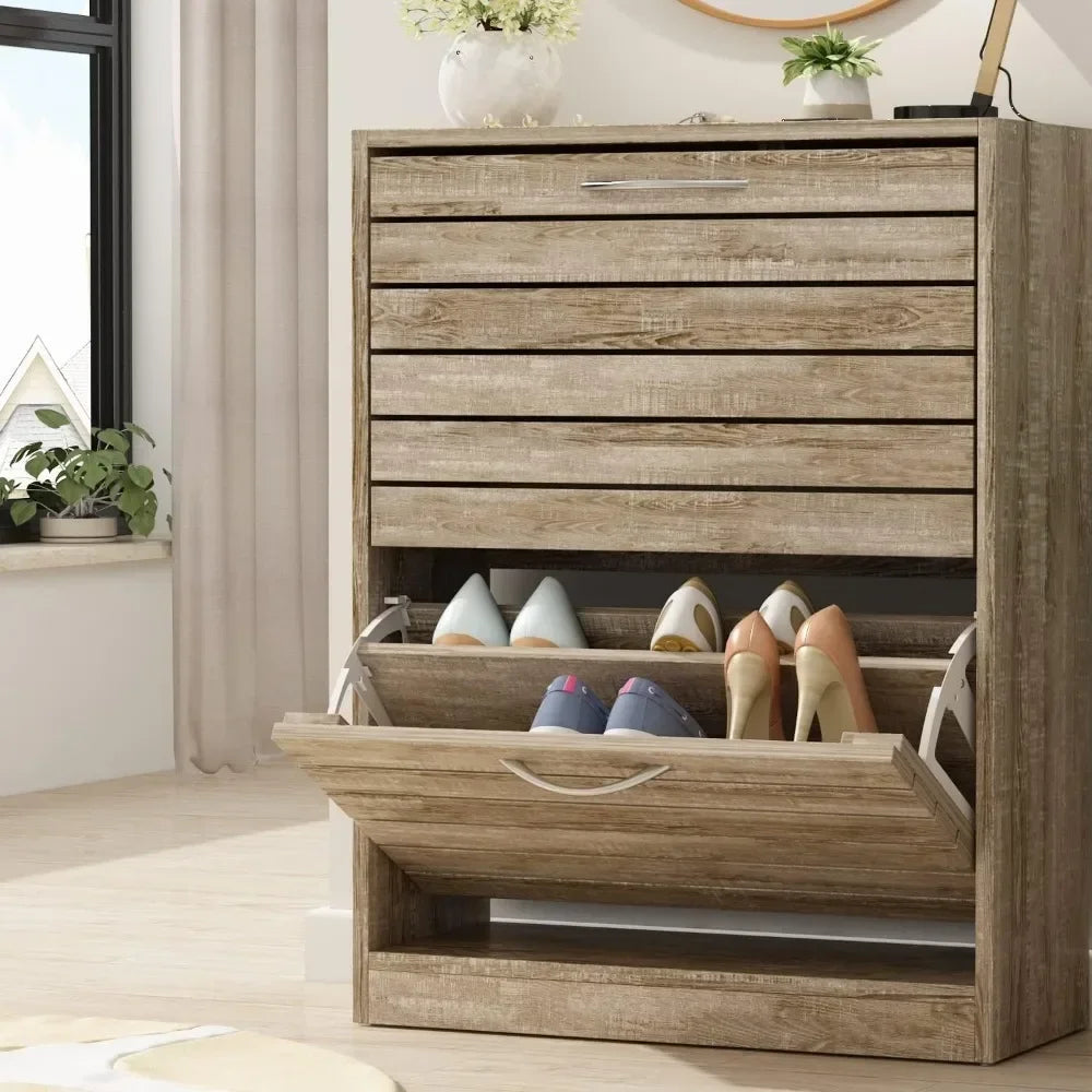 ANGDUO Brown Durable MDF Wood Rectangle Entryway Waterproof Two Flip-Out Drawers-2-Tiers In Each Lockers-Storage Cabinet Shoe Organizers/Assembly Required/ Colors-Brown/White/Gray/Striped/Storage Options/Dimensions : 9.4"D x 22.4"W x 29.5"H/