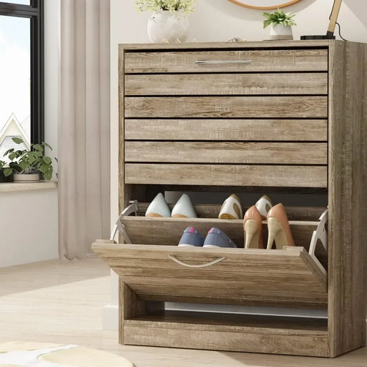 ANGDUO Brown Durable MDF Wood Rectangle Entryway Waterproof Two Flip-Out Drawers-2-Tiers In Each Lockers-Storage Cabinet Shoe Organizers/Assembly Required/ Colors-Brown/White/Gray/Striped/Storage Options/Dimensions : 9.4"D x 22.4"W x 29.5"H/