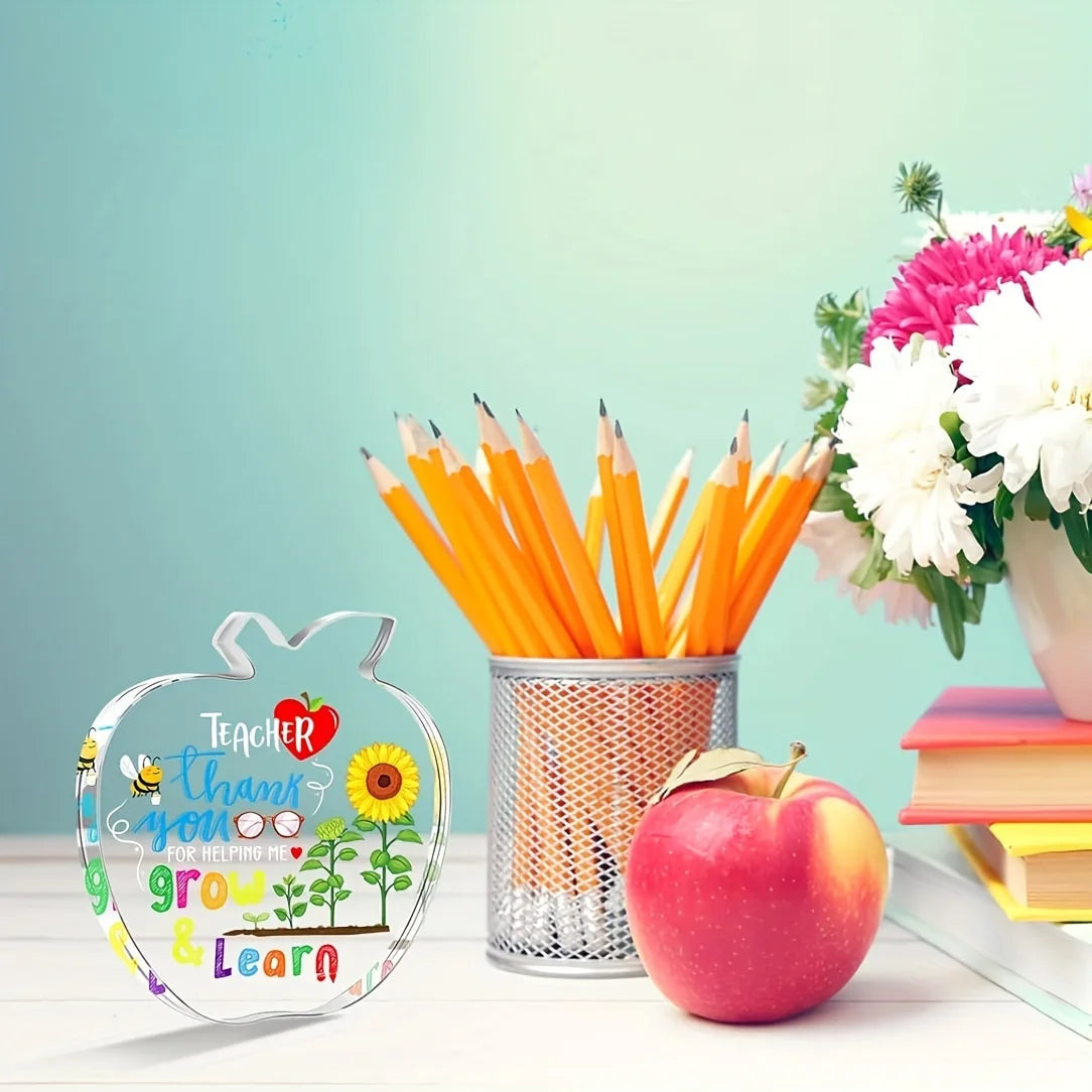 No-EN-Name-Null Modern Customized Round Apple Shaped Clear Plastic Body Text Saying Teacher Appreciation Gifts-Thank You For Helping Me Grow And Learn Paperweights