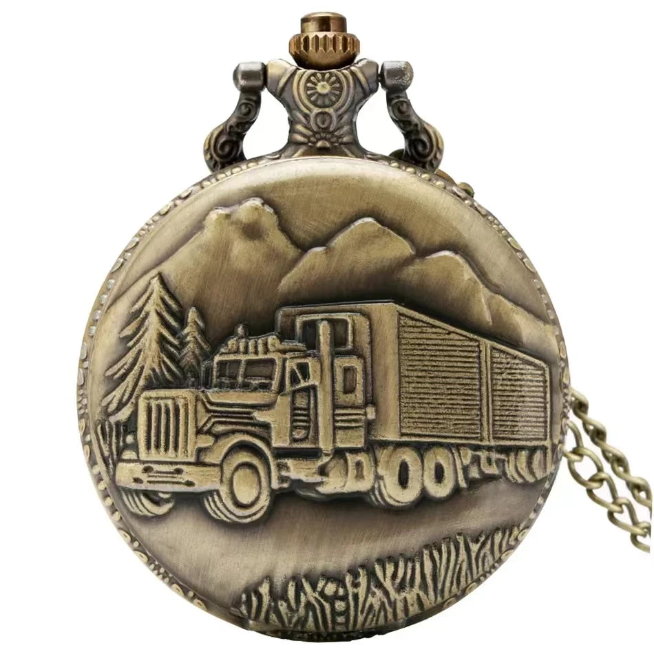 WECIN Adult Men Vintage Bronze Round Shaped Flip-Out Case Analog Display Glass Face Classic Old Kenworth Trucker Design Quartz Pendant Chain-Pocket Watches
