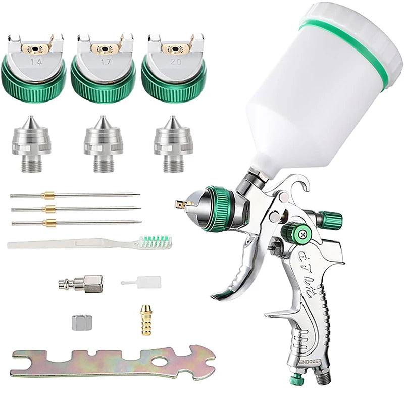 JUNEFOR Handheld Pneumatic Power Gravity Feed White PVC Plastic Cup-Green Trim High Volume Low Pressure Adjustable Silver Stainless Steel Needle-Nozzle Large Professional Paint Sprayers