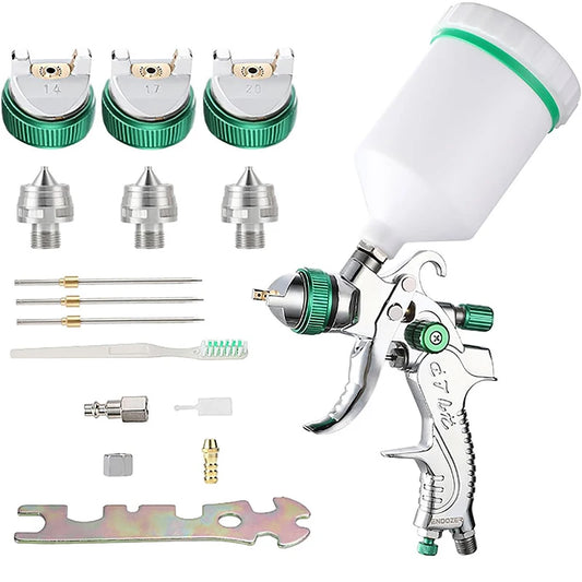 JUNEFOR Handheld Pneumatic Power Gravity Feed White PVC Plastic Cup-Green Trim High Volume Low Pressure Adjustable Silver Stainless Steel Needle-Nozzle Large Professional Paint Sprayers