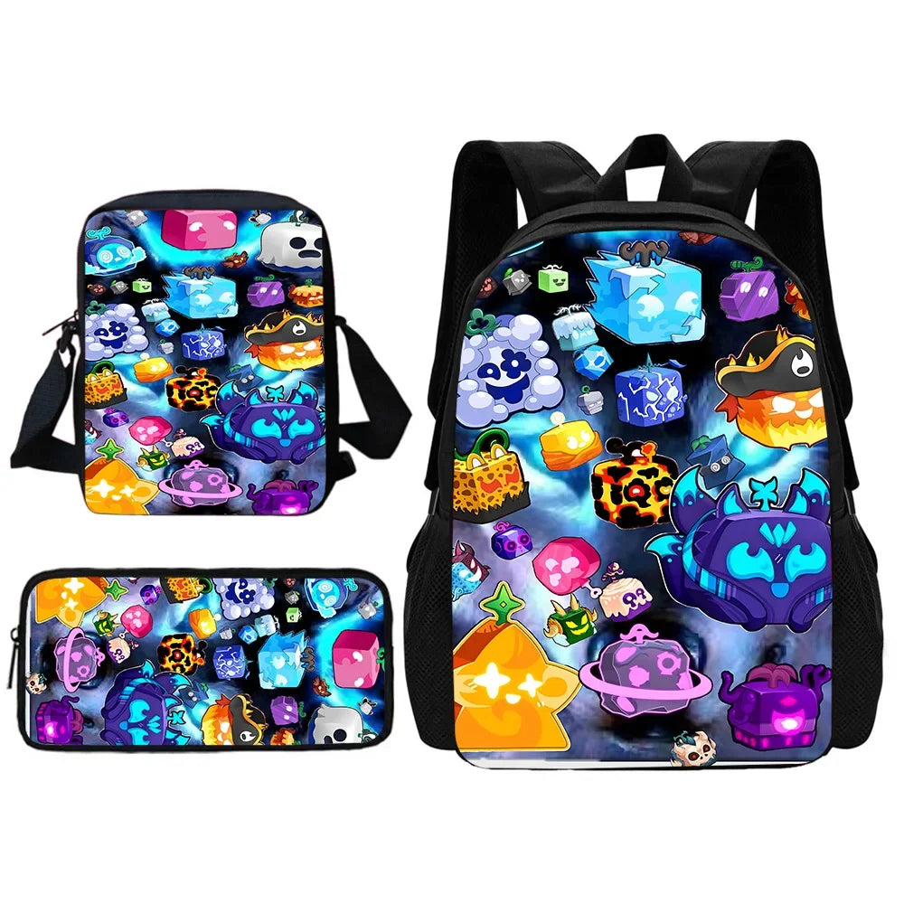 TOPTOY Kids Large Waterproof Multicolor Nylon Fabric Cartoon Smiling Fruit Critters Double Zippers Polyester Lining Shoulder Straps-Handle School Backpacks Sets/Pencil Bags/External Pockets/Colors-Multicolor/Black/Purple