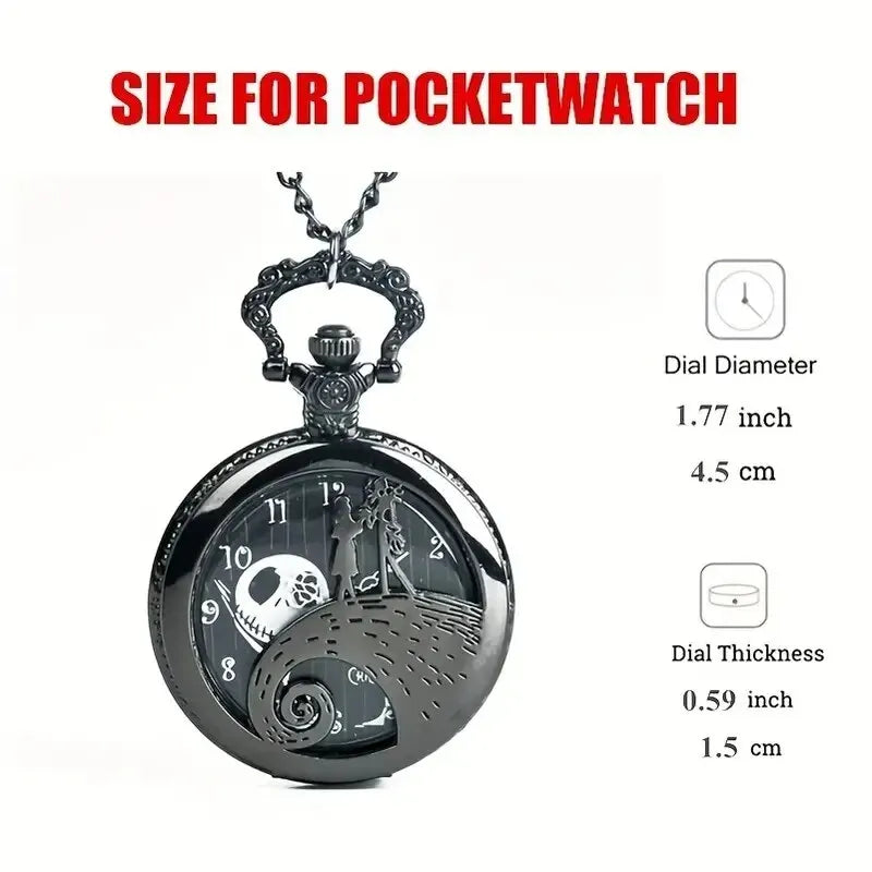 DEYROS Adults Quartz Black Face Bronze Metal Alloy Round Abrasion-Resistant Glass Face Skeleton Dial Movie-Nightmare Before Christmas Theme Silicone Strap Black Pendant Chain-Pocket Watches/Colors-Bronze/Black