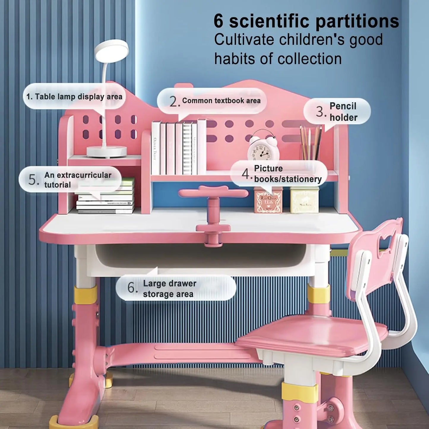XMSJ Modern Kids Pink-White Cute Cartoon Theme Plastic Rectangle Shaped Curved Edges Laptop Desk-Adjustable Metal Chair Office Furniture Sets/Storage Shelves-Drawers Optional