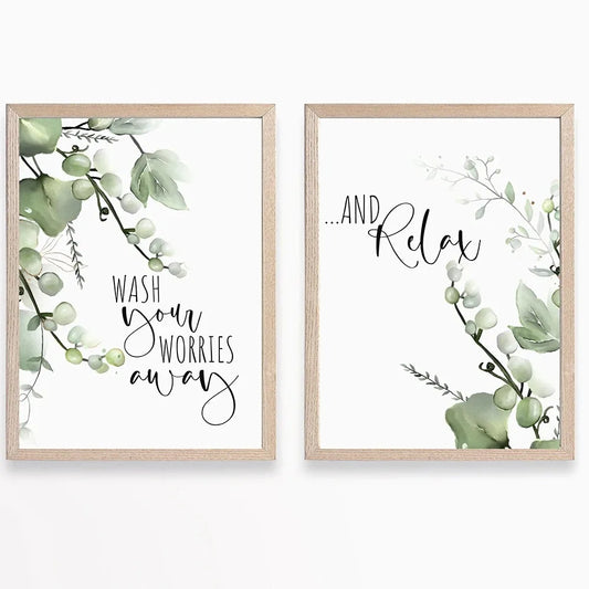 No-EN-Name-Null Modern Waterproof Customized Size Unframed Rectangle HD Hand Printed Green Tropical Leaves Design Black Letter Writing Saying-Wash Your Worries Away-Relax-Bathroom Quote Wall Art Prints/Colors-Green/White/Multicolor/Floral