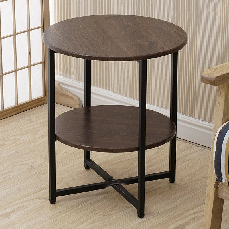 LIVING AND HOME Modern 2 Tier Small Round Shaped Brown Walnut Wood Top Compact Black Iron Metal Frame End Tables /Black Iron Base/ 40cm Table Top