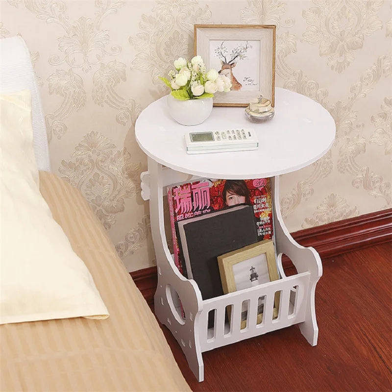 NULL European Mini White Plastic Round Top Solid Wood Base Nightstands