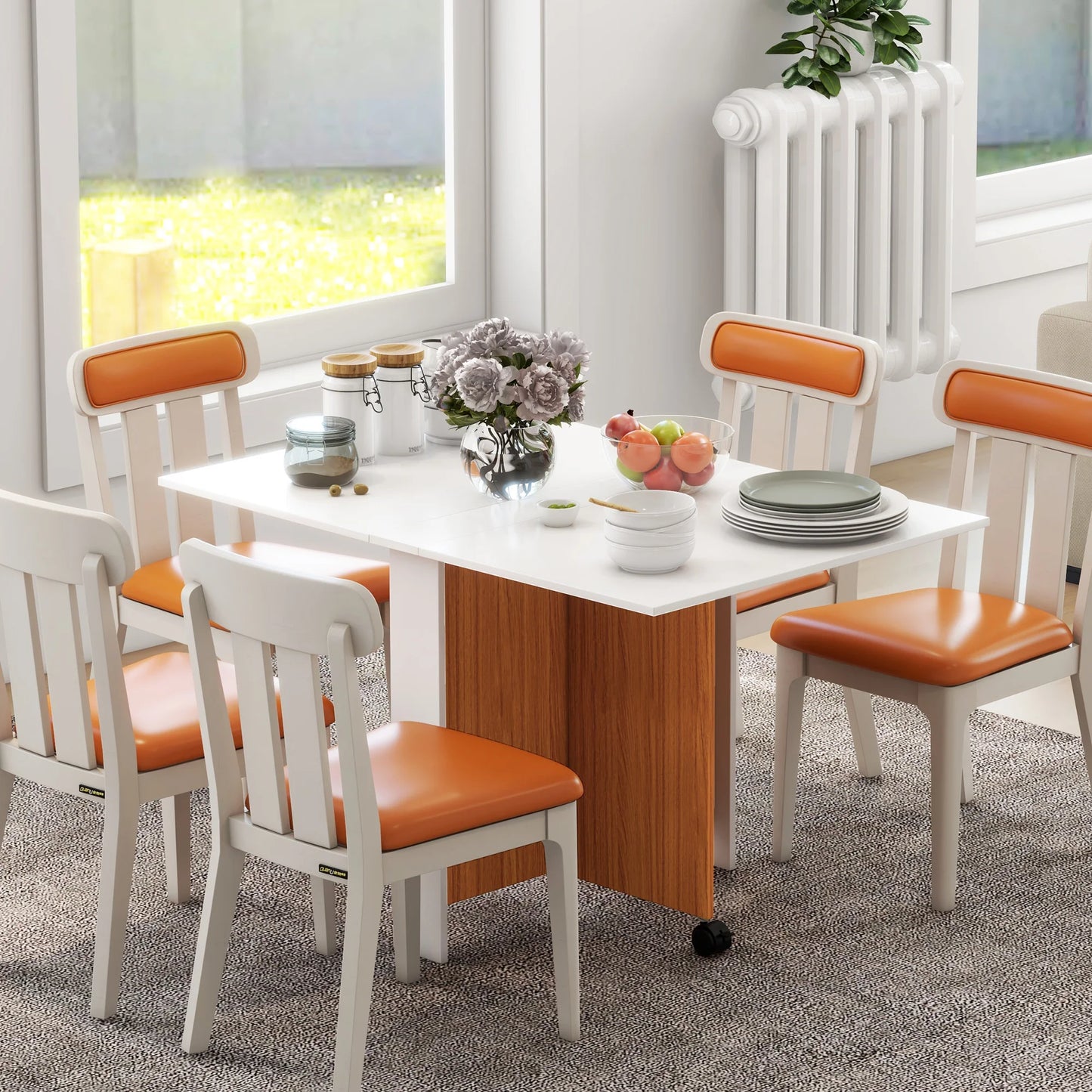 HOMCOM Kitchen Modern Free-Standing Multifunctional Shelves Folding Roll-Out Tray White Embossed Wood Top Brown Solid Particle Board Sides Base  Dining Tables/Assemble Required/Storage Options/2-Locking Black Plastic Wheels