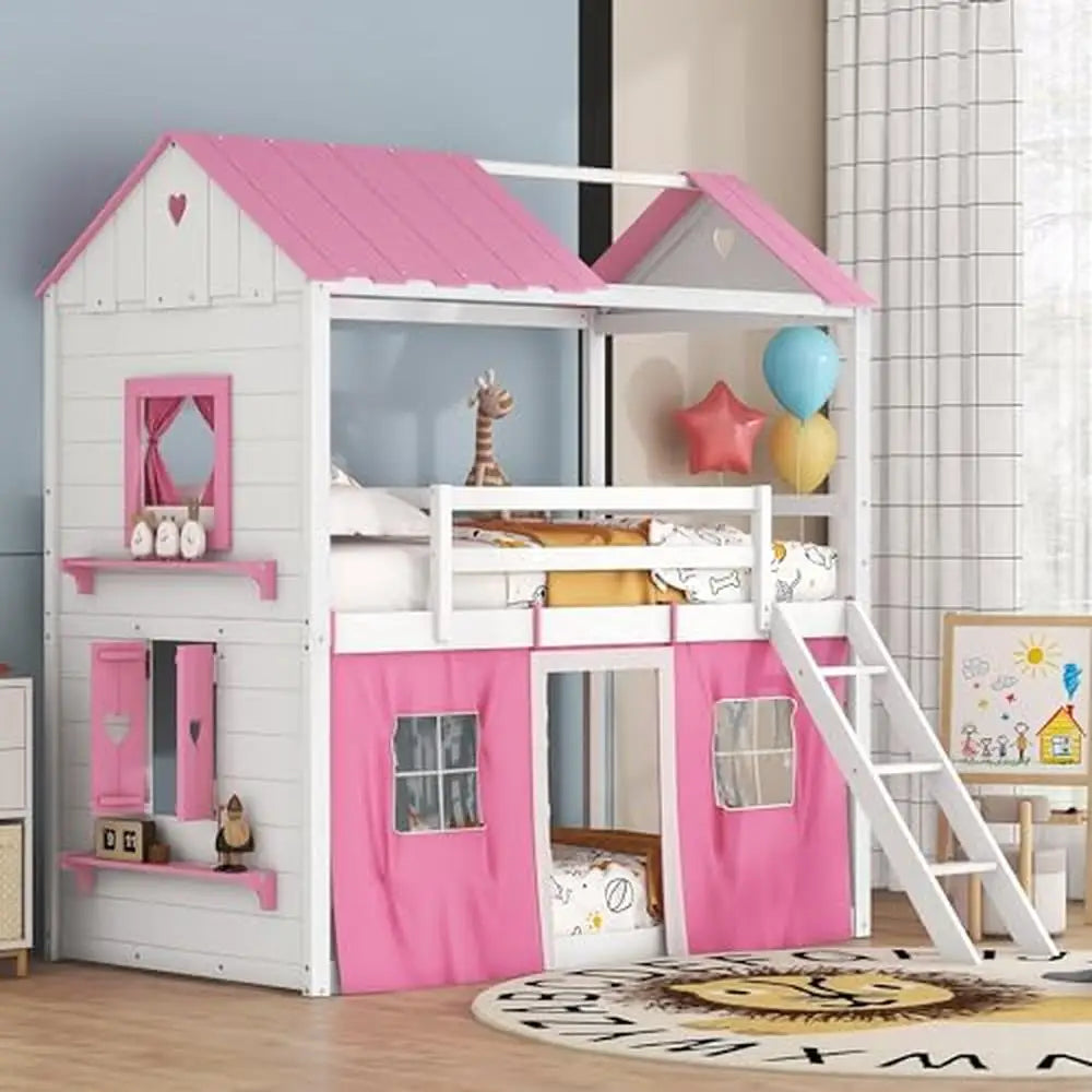 DUTRIEUX Kids Small Modern Painted Pine Wood Pink-White Playhouse Shaped Twin Bunk Loft Beds-Metal Bed Frames / Tent Ladder/Guardrails/4-Play Windows/Slats Included