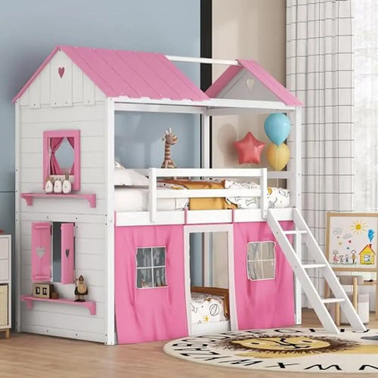 DUTRIEUX Kids Small Modern Painted Pine Wood Pink-White Playhouse Shaped Twin Bunk Loft Beds-Metal Bed Frames / Tent Ladder/Guardrails/4-Play Windows/Slats Included