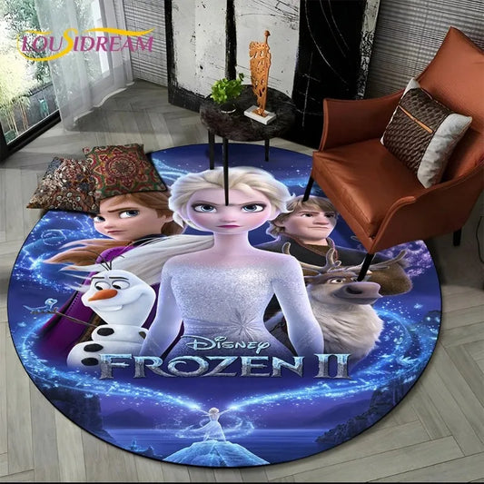 MINISO Indoor-Outdoor Kids Blue Background Round Shaped DISNEY'S Frozen II Movie Cartoon Anime Princess Elsa-Anna-Olaf Design Skid-Proof Bottom Polyester-Flannel Rugs/Colors-Blue/Red/Black/White
