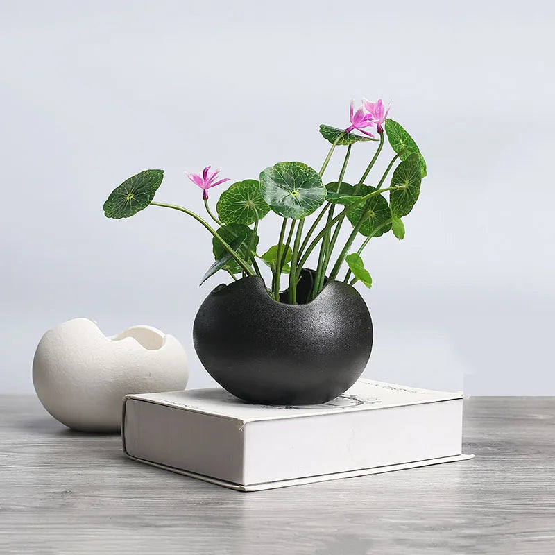 No-EN-Name-Null Indoor European Small Round Shaped White-Silver-Black Chrome Plated Finish Porcelain Ceramic Hydroponic Desktop Flower Pots