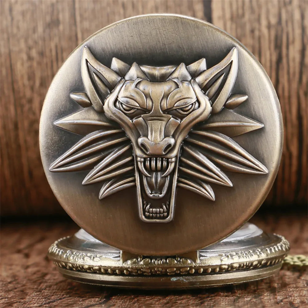 WECIN Adults Vintage Analog Display Glass Face Round Shaped Arabic Numeral Universal Time Bronze Embossed Roaring Lion Head Floral Design On Back Bronze Chain-Pocket Watches