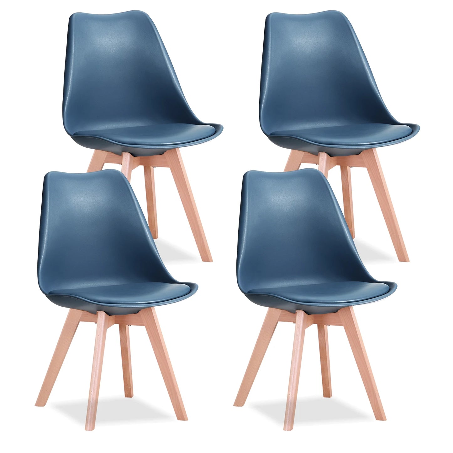 EGOONM Nordic 4 pcs Solid Wood Base Dining Faux Leather Armless Plastic Upholstered Cushion Paver Chair Set/ Colors-Beige/White/Blue/Gray/Black/Yellow