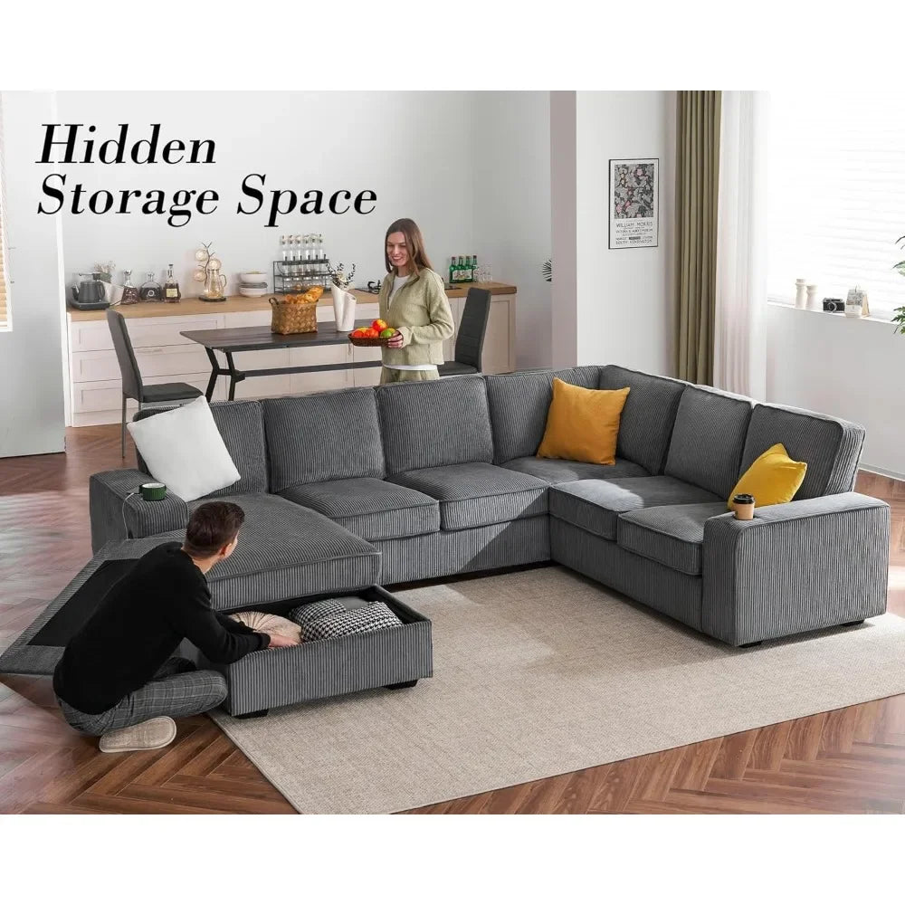 No-EN-Name-Null Modern Oversized U-Shaped 7 Seaters Soft Gray Corduroy Thick Fabric Cushions Chaise Lounge Hidden Storage Two Cup Holders Quick Charge USB Ports Sectional Sofas/Colors-Beige/Gray/Size: 112in x 88in x 33in/Weight Capacity : 2,100 lbs.