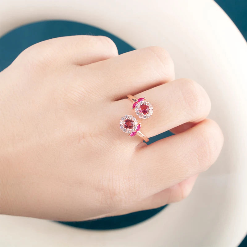 CELLA CITY Women Sterling Silver Rose Gold Plated Metal Shiny Floral Flower Shapes Zircon Clear White-Garnet Ruby Red Gemstones Adjustable Size Fine Cocktail Band Rings/Colors-Red/Floral/Geometric