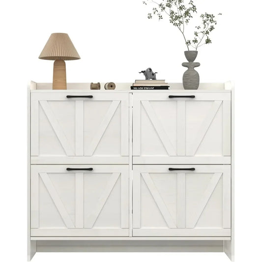 Wood Shoe Cabinet w/ 4 Flip Drawers, Shoe Storage Cabinet for Entryway/Dimensions: 9.3"D x 41.9"W x 35.4"H/Colors- Rustic Brown/ White