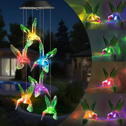 PEACH FOREST Outdoor Waterproof Solar-Powered Automatic Charging In Sun-At Night Light-Up Solar-Powered Multicolor Hanging Plastic Realistic Hummingbird Shaped Garden Festival Lights Wind Chimes Landscape Pathway Lighting  /Multicolor/Green/Birds
