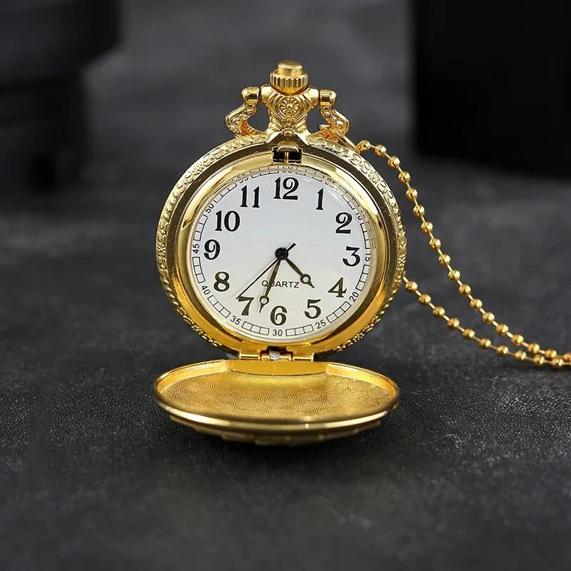 DEYROS Adults Quartz Analog Display Abrasion-Resistant Glass Face Gold-Bronze Round Shaped Metal Case Necklace Ball Chain-Pocket Watches