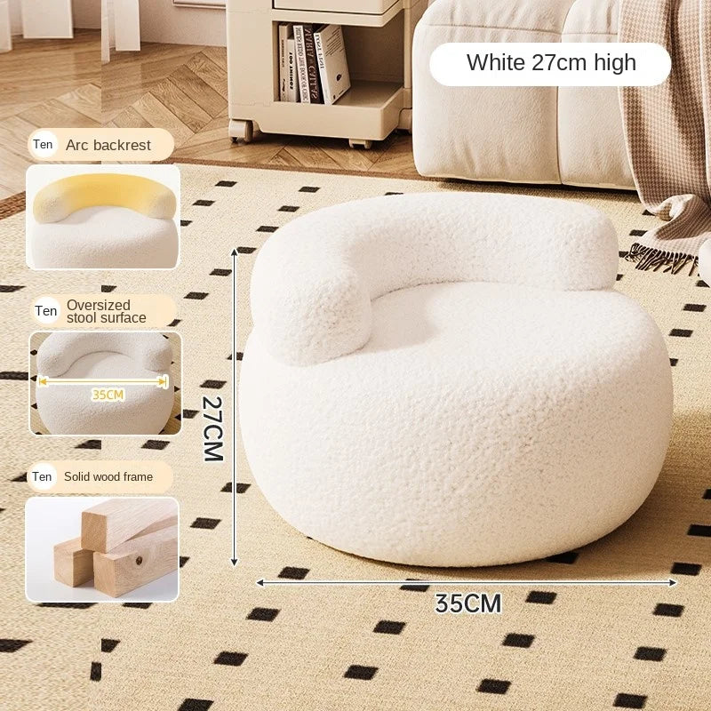 MLING Kids Modern Free-Standing Small Pink Round Shaped Low Curved C-Shaped Backrest Soft Comfortable Upholstered Padded Lamb Wool Fleece Fabric Cushions Solid Wood Frame Wear-Resistant Foot Pad Sofa Stool Ottomans/ Colors-White/Pink/Gray/Black