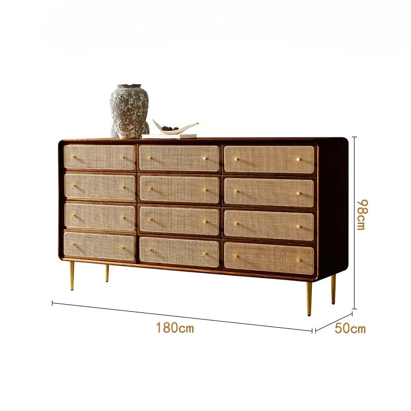 Brown Kitchen Storage Rattan Wood Sideboard w /Drawers/Doors