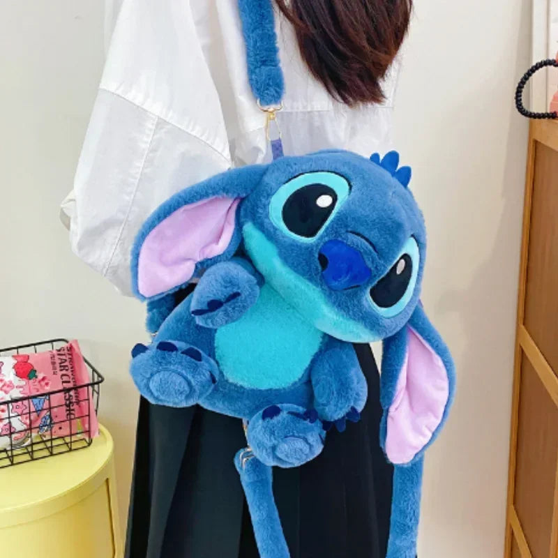 MINISO Lightweight Kawaii Disney's Soft Plush Blue Stitch Doll-On Front Single Compartment Crossbody Shoulder Straps Cotton Fabric School Backpacks