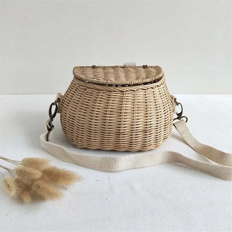 ARTMOMO Kids Lightweight External Frame Handmade Brown-Beige Rattan Criss-Cross Hollow-Out Small Linen Lining Retractable Shoulder Straps-Handle Mini Basket Backpacks/Optional-Rear Bicycle Baskets