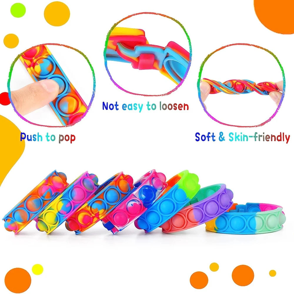 12 PCS Set Plastic Silicone Multicolor Bubble Push-To-Pop Fidget Stress Reliever Bracelets/Ages: 13-18 + Years Older