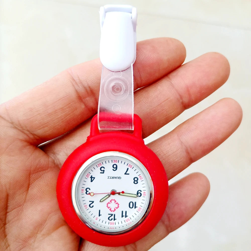 No-EN-Name-Null Adults Waterproof Quartz Analog Display Nurse-Doctors Glass Face Round Metal Alloy Case Red Silicone-Rubber Covered-Straps Arabic Numeral Clip-On Fob Pocket Watches /Colors-Pink/Red/White/Black/Purple/Light Blue/Blue
