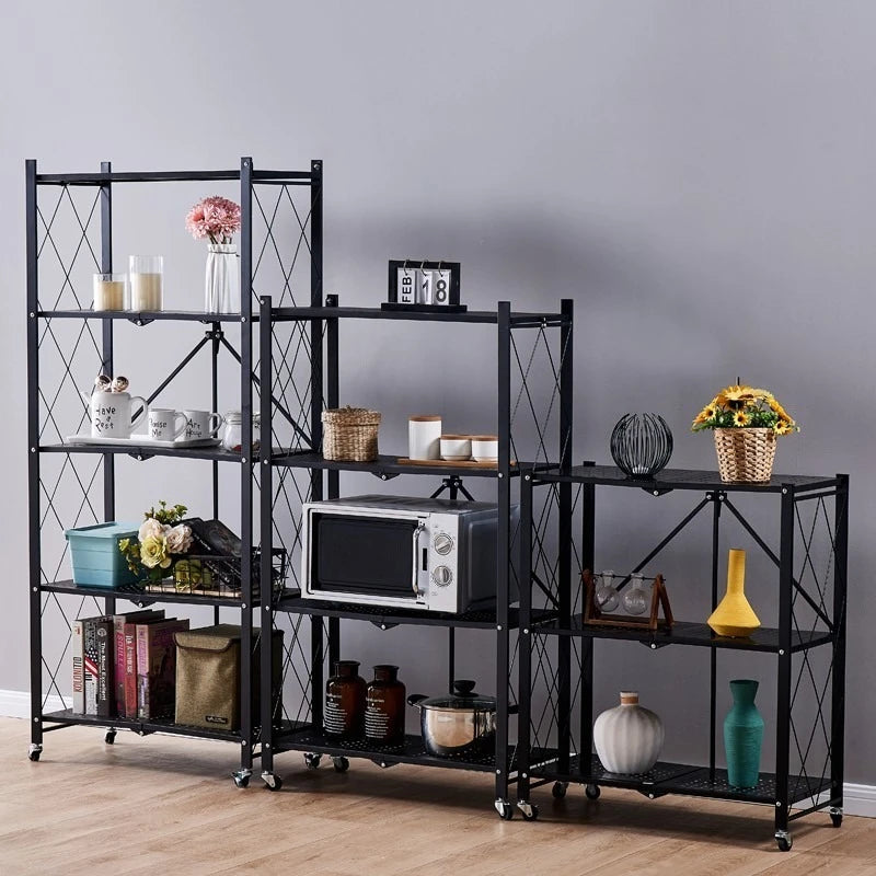 Black-White 3-4-5-Tiers Shelves Kitchen Metal Fold Up Movable Storage Racks/ 4 Wheels