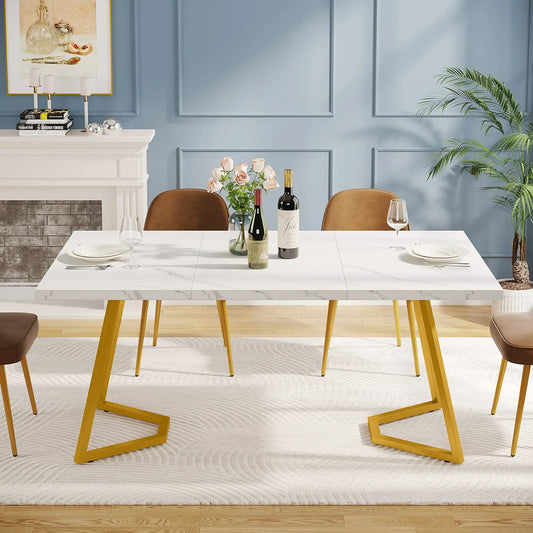 Tribesigns Waterproof Scratch-Resistant Rectangle Modern Dining Table Faux White Marble Table Top w/ Metal Golden Legs/Size: 31.49"D x 55.11"W x 29.52"H