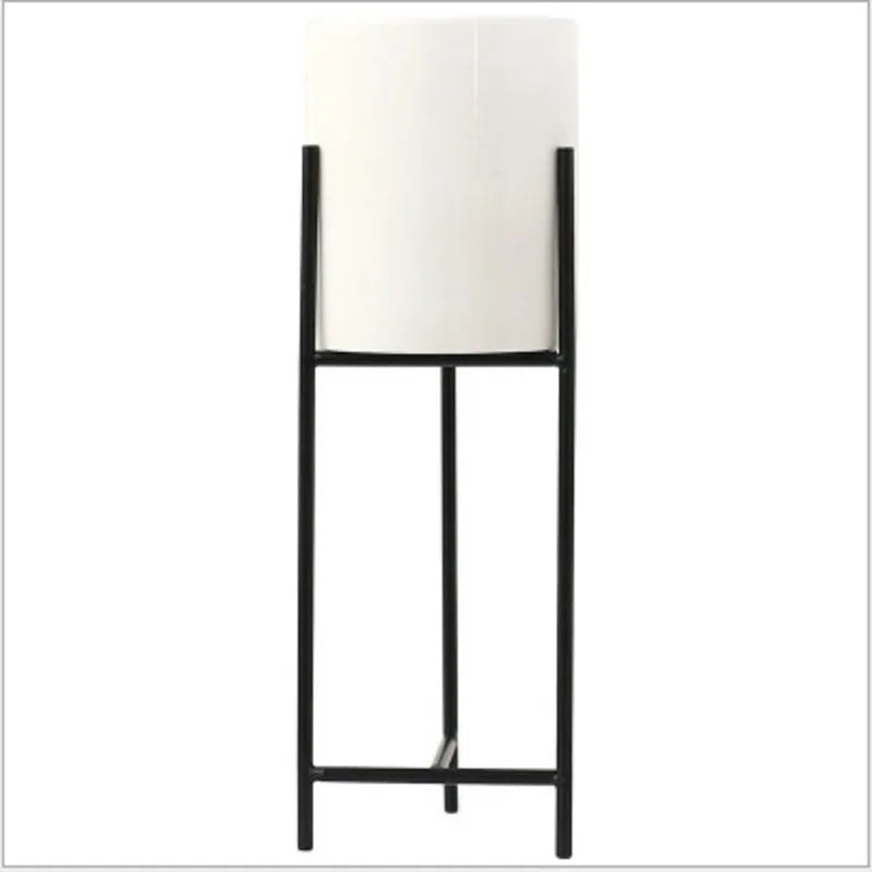 No-EN-Name-Null Indoor White Ceramic-Enamel Pot-Nordic Black Wrought Iron Metal Frame Base Round Shaped Flowerpots Planters /Colors-Gold/Green/White/Black