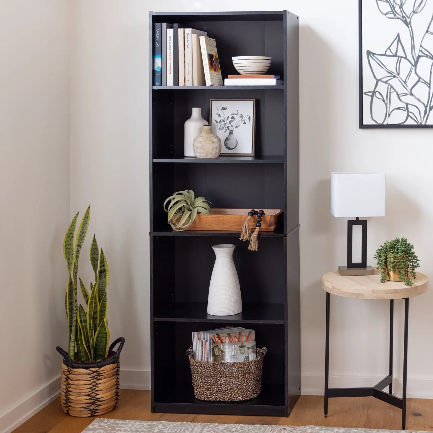 XMSJ Indoor MDF Black Oak Wood Free-Standing Wall-Mounting Adjustable 5-Shelves Rack-Bookcases/ Colors-True Black Oak/White/Dimensions: 24.88" W x 11.65" D x 71.42" H