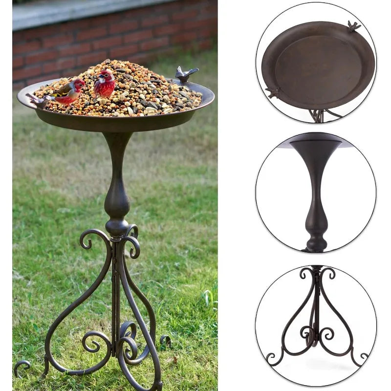 KIQUNE Outdoor Garden Large Rusty Brown Metal Bowls-Metal Stand-Three Legs Base Free-Standing Bird Baths/Colors-Black/Bronze/Brown