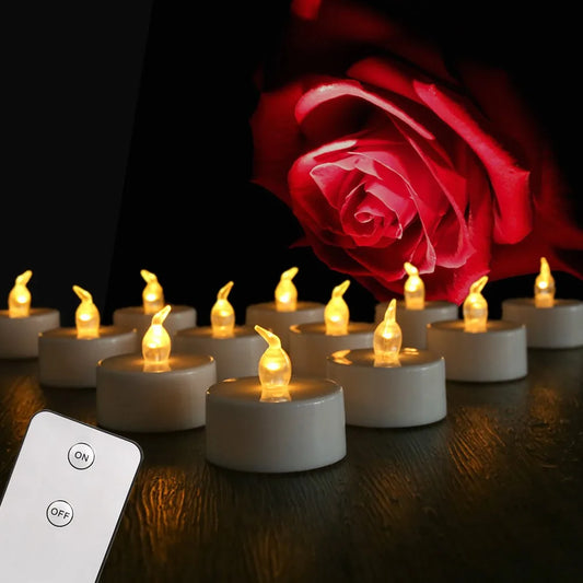 12-24 PCS Set Large Built-In Timer LED Flameless Flickering Small Round Tea Light Candles /Batteries Included-Button Batteries Type-CR2032/Color-White/Yellow