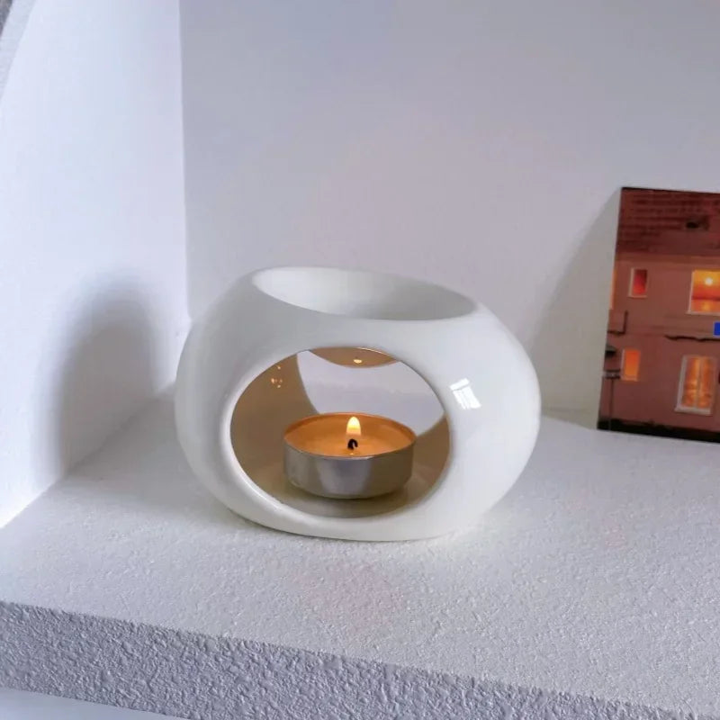 PDQ Modern Ceramic Black Speckled Dots-White Round Shaped Heating Aromatherapy Oil Plate Hallow-Out Tea Light Candle Holders