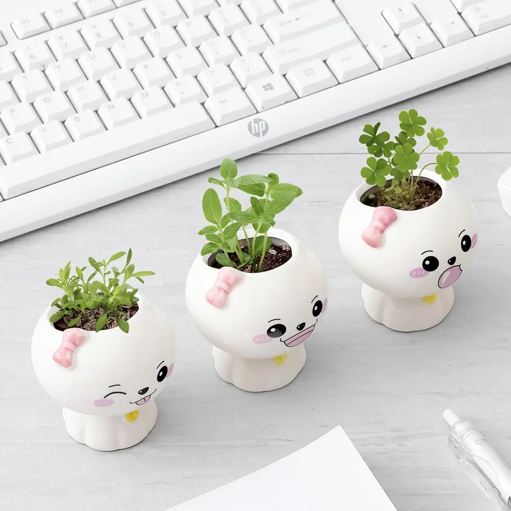No-EN-Name-Null Indoor Mini Unglazed Ceramic White Cute Cartoon Doll Face Design Desktop Succulent Flower Pots Planters /Colors-White/Black/Yellow/Pink/Green